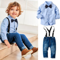 Toddler Boys Sky Blue Shirt, Bow Tie Suspender Set With Denim Trouser