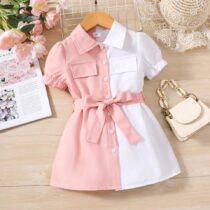 Toddler Girl Pink And White Cooperate Pocket Dress (1)