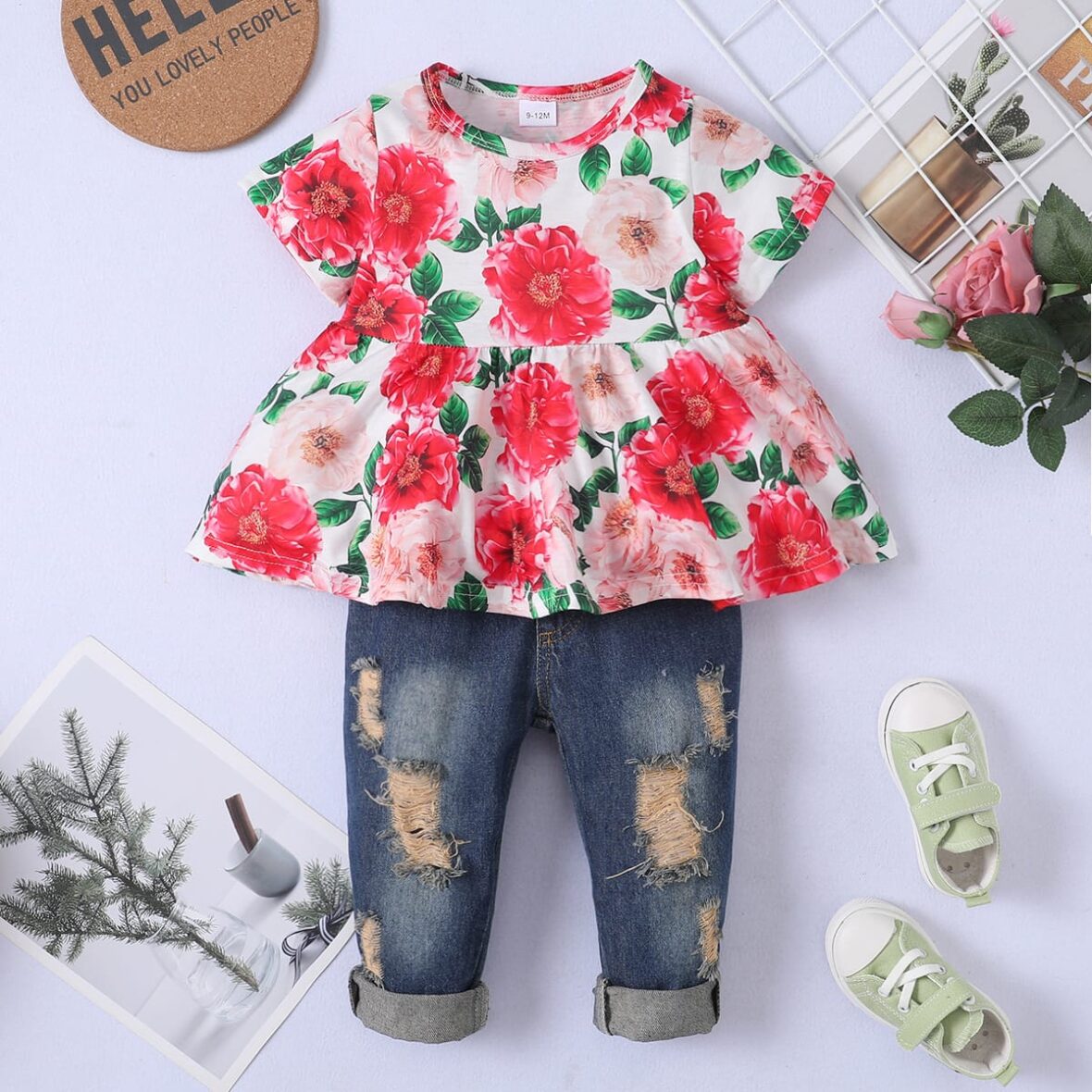 Toddler Girl Pink Flora Top With Denim Trouser Available On Mid-Year Clearance Sales