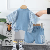 Toddlers Boy Teddy Denim Stripe Shirt With Stripe Denim Short 2pcs