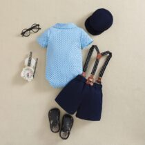 Baby Boy, Toddler Boy, Polka Dot Collar Neck Shirt, Bow Tile, Papa's Cap, Suspender With Navy Short (2)