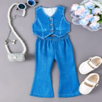 Baby Girl, Toddler Girl Blue Jacket With Palazzo Trouser, Casual Wears