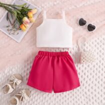 Baby Girl, Toddler Girl, Mini Girl Sleeveless Top With Red Skirt Mix Short 2pcs