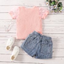 Toddler Girls Peach Top With Denim Short, Girl Clothes 2pcs
