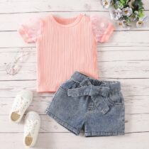 Toddler Girls Peach Top With Denim Short, Girl Clothes 2pcs