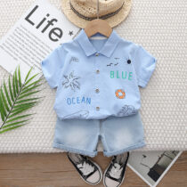 Toddlers Boy Blue Ocean Shirt With Denim Short 2pcs