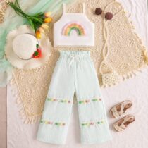Toddlers Girl, Armless Top With Rainbows Color Trouser
