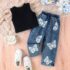 Toddlers Girls Black Top With Butterfly Denim trouser Pant. 2pcs