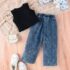 Toddlers Girls Black Top With Butterfly Denim trouser Pant. 2pcs