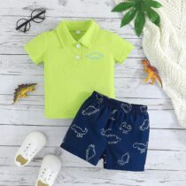 Baby Boy And Toddlers Boy Lemon Collar Dino Tee Shirt With Dino Short (2)