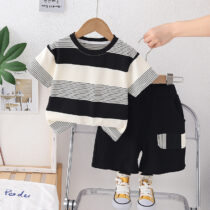 Toddler Boys Stripe Tee-Shirt With Black Short 2pcs