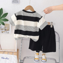 Toddler Boys Stripe Tee-Shirt With Black Short 2pcs