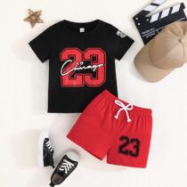 Toddlers Boy Black Tee Shirt With Red Short 2pcs