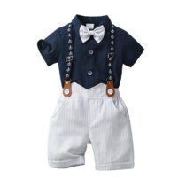 Toddlers Boy Collar Navy Shirt With Bow Tile And Suspender With Stripe Short On Mid-Year Clearance Sales