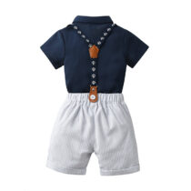 Toddlers Boy Collar Navy Shirt With Bow Tile And Suspender With Stripe Short On Mid-Year Clearance Sales (3)