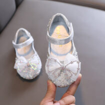 Toddlers Girl Bow Silver Beaded Shoes