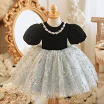 Toddlers Girl Suede Beaded Neck Princess Dress, Ball Dress