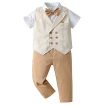 Toddler Boy White Short Sleeve Shirt Cream Waist Coat, Bow Tile And Brown Trouser
