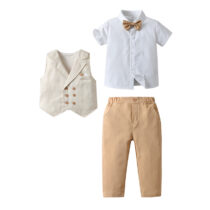 Toddler Boy White Short Sleeve Shirt Cream Waist Coat, Bow Tile And Brown Trouser (2)