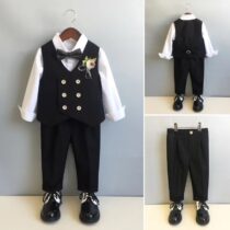 Toddler Boys Waist Coat Complete Set, Bow Tie, Black Vest, White Shirt, Black TrouserPant, Boy's Party Wear