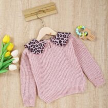 Baby Girl And Toddlers Girls Cute Leopard Collar Knitted Sweat Top, Sweater