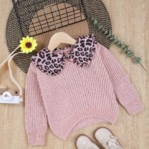 Baby Girl And Toddlers Girls Cute Leopard Collar Knitted Sweat Top, Sweater