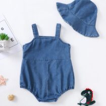 Baby Girl Pin Down Demin Romper With Denin Cap