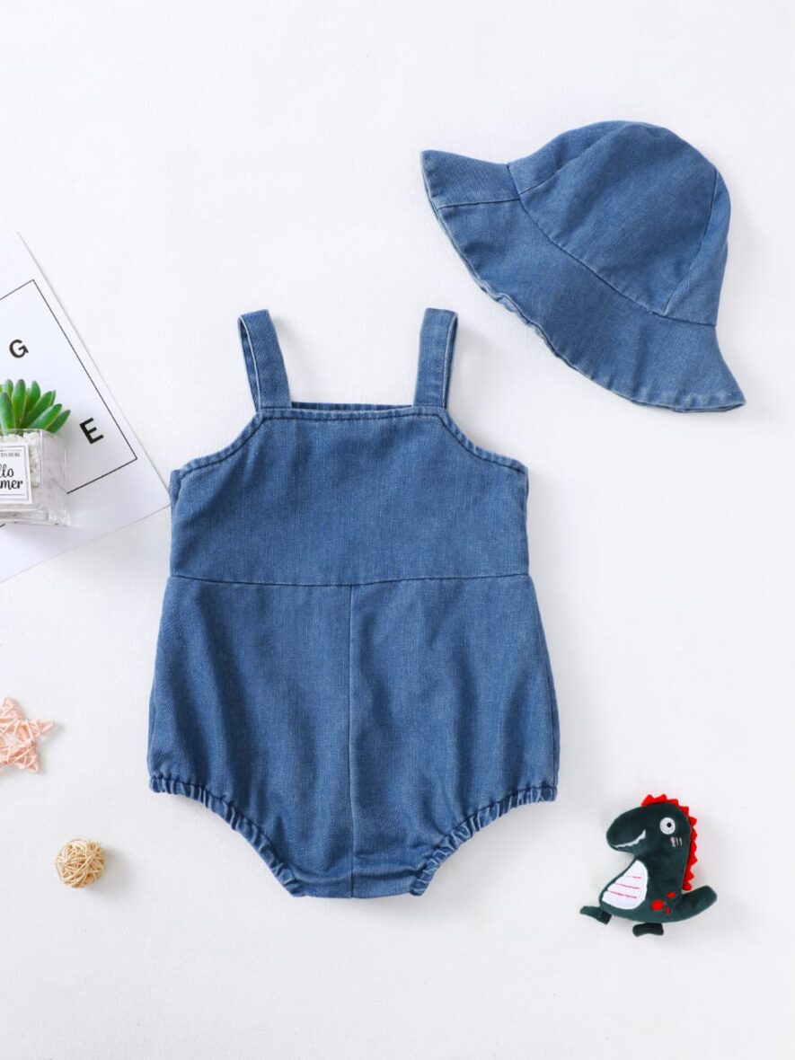 Baby Girl Pin Down Demin Romper With Denin Cap