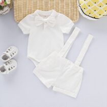 Baby Toddlers Boy White On White Suspender Cotton set