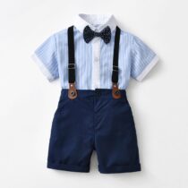 Toddlers Boy Stripe Short Sleeve Shirt With Bow Tie And Navy Blue Short And Suspender