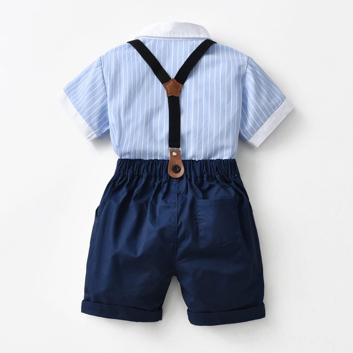 Toddlers Boy Stripe Short Sleeve Shirt With Bow Tie And Navy Blue Short And Suspender (2)