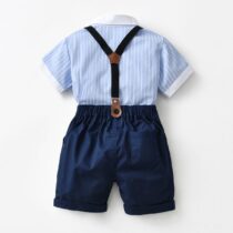 Toddlers Boy Stripe Short Sleeve Shirt With Bow Tie And Navy Blue Short And Suspender