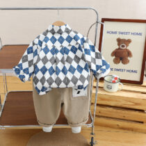 Toddlers Boy White Inner Tee-Shirt With Plaid Shirt And Brown Trouser 3pcs (1)