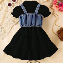 Toddlers Girl Collar Black Dress With Denim Vest (1)