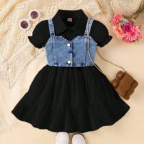 Toddlers Girl Collar Black Dress With Denim Vest (3)