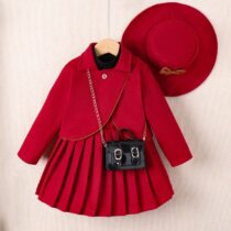 Toddlers Girl Red Jacket And Pleated Skirt With Cap 3pcs