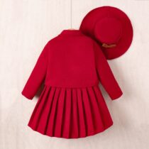 Toddlers Girl Red Jacket And Pleated Skirt With Cap 3pcs