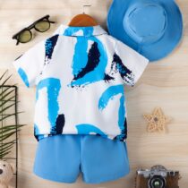 Baby Boy And Toddler Boy Collar Neck Vintage Shirt With White Inner With Blue Short And Cap 3pcs (2)