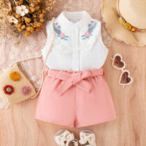 Baby Girl And Toddler Girl White Top With Pink Short And Belt 2pcs