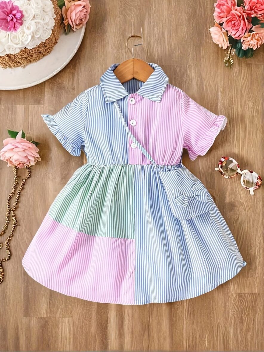 Baby Girl And Toddlers Collar Neck Stripe Dress With Bag