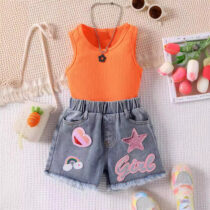 Toddler Girl Sleeveless Orange Top With Denim Short