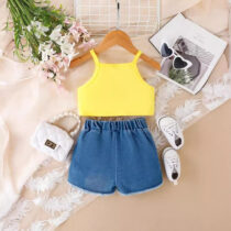 Toddler Girl Sleeveless Top My Queen With Denim Short, Bum Short