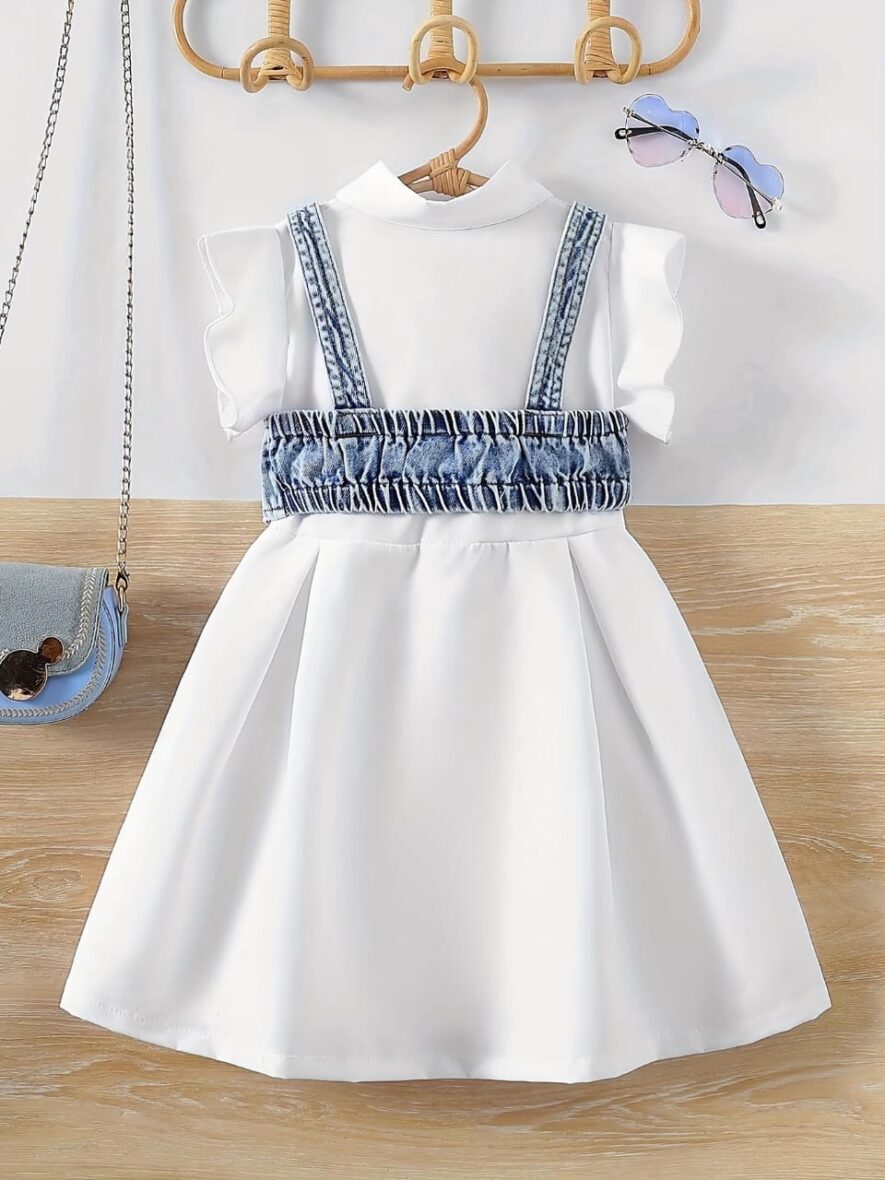 Toddler Girl White Dress With Denim Vest (2)