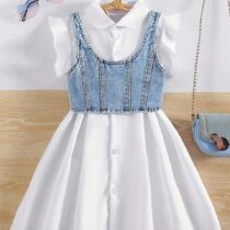 Toddler Girl White Dress With Denim Vest