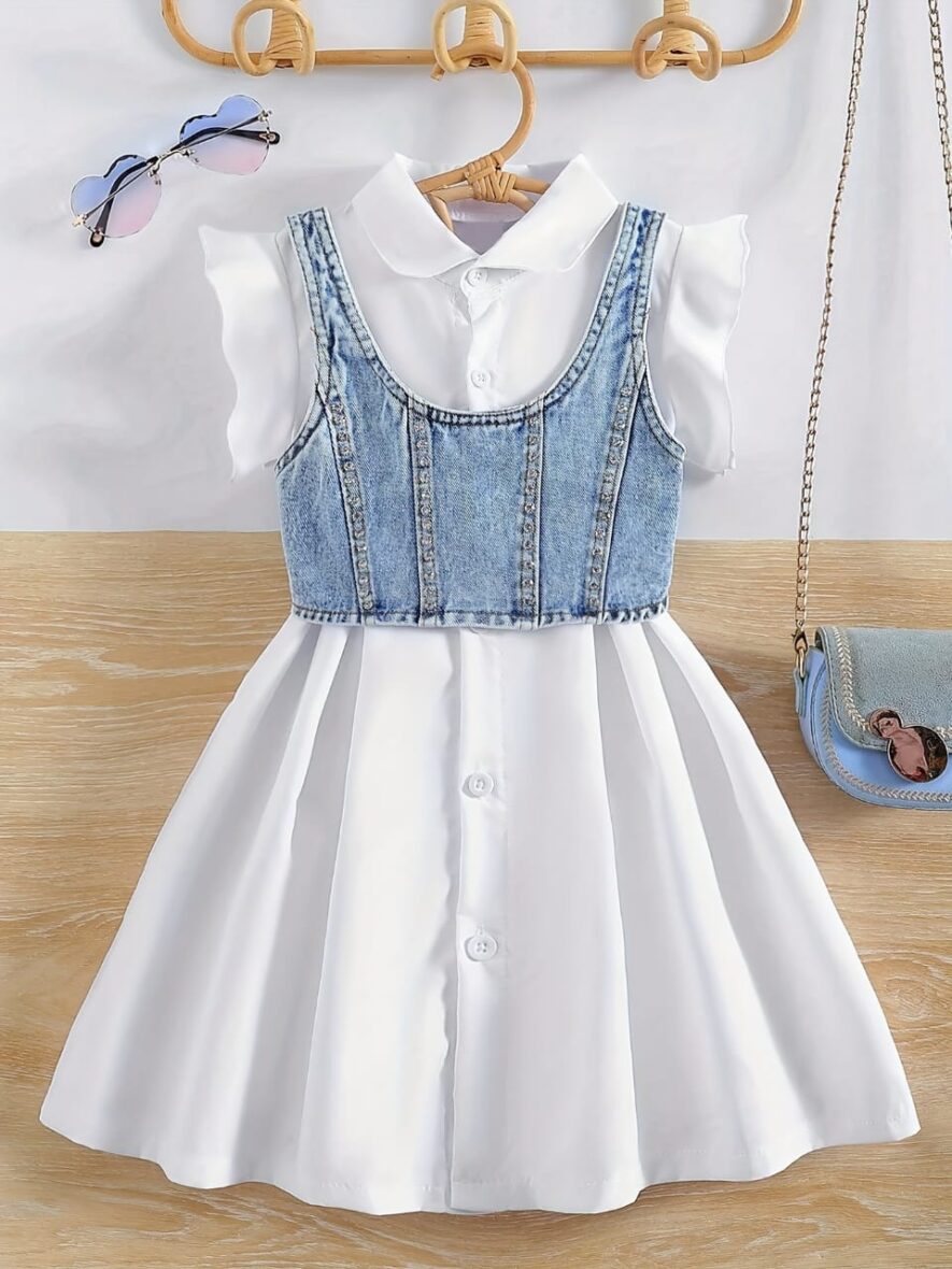 Toddler Girl White Dress With Denim Vest