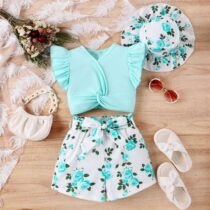 Toddlers Girl V-Neck Top And Flowering Short With Belt And Cap