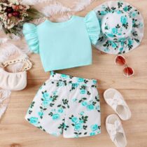 Toddlers Girl V-Neck Top And Flowering Short With Belt And Cap