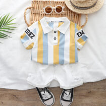 Toddler Boy Collar Yellow And Sky Blue Strip Shirt With White Short 2pcs (1)