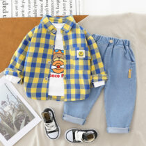 Toddler Boy Plaid Shirt With White Inner Teddy Tee-Shirt And Denim Trouser