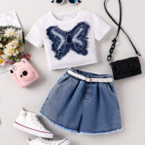 Toddler Girl Big Butterfly White Top And Denim Short 2pcs